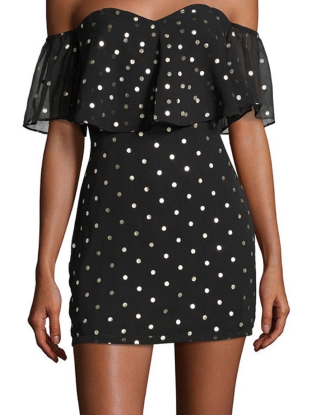Lovers + Friends Black One-Shoulder Polka Dot Mini Dress with Gold Dots